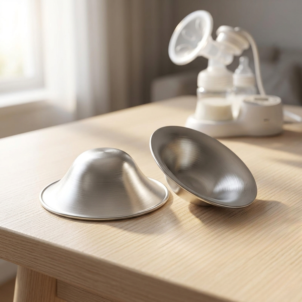 To Seal SilverCups ammekopper i sølv på bord, med brystpumpe i bakgrunnen