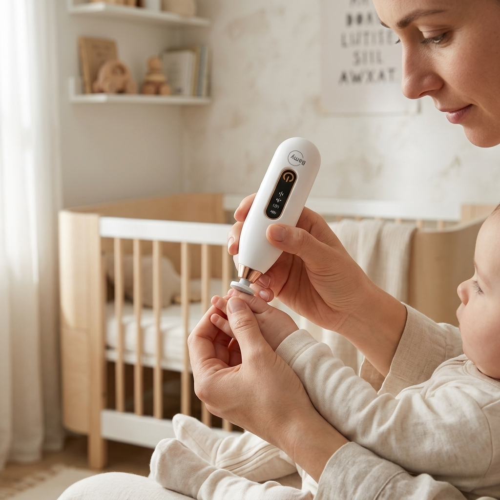 Mor sliper neglene til baby på fanget med Bamy Negletrimmer TR3