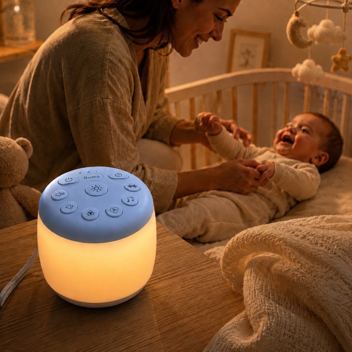 Mor leker med glad baby i sprinkelsengen mens Bamy White Noise Nattlys lyser på bordet