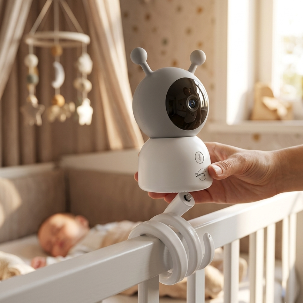 Hånd justerer babycall-kamera montert i den fleksible holderen på sengekanten
