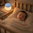 Last inn bildet i Gallery Viewer, Baby sover trygt ved siden av Bamy White Noise Nattlys med blått toppanel på nattbordet
