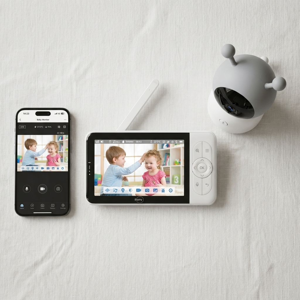Bamy Baby Monitor sett ovenfra: mobil med app, 5-tommers monitor og kamera