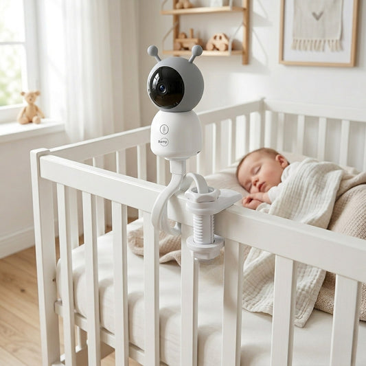 Bamy babycall-kamera festet på sprinkelsengen med den fleksible holderen, baby sover i sengen