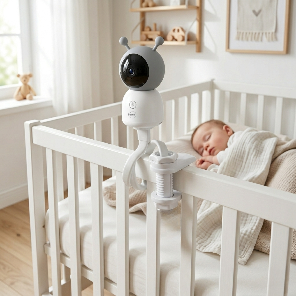Bamy babycall-kamera festet på sprinkelsengen med den fleksible holderen, baby sover i sengen