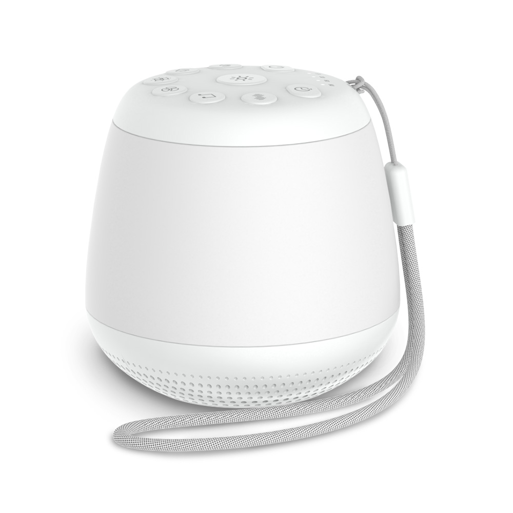 Bamy White Noise Nattlys i hvit sett forfra, med høyttaler i bunnen og bærestropp