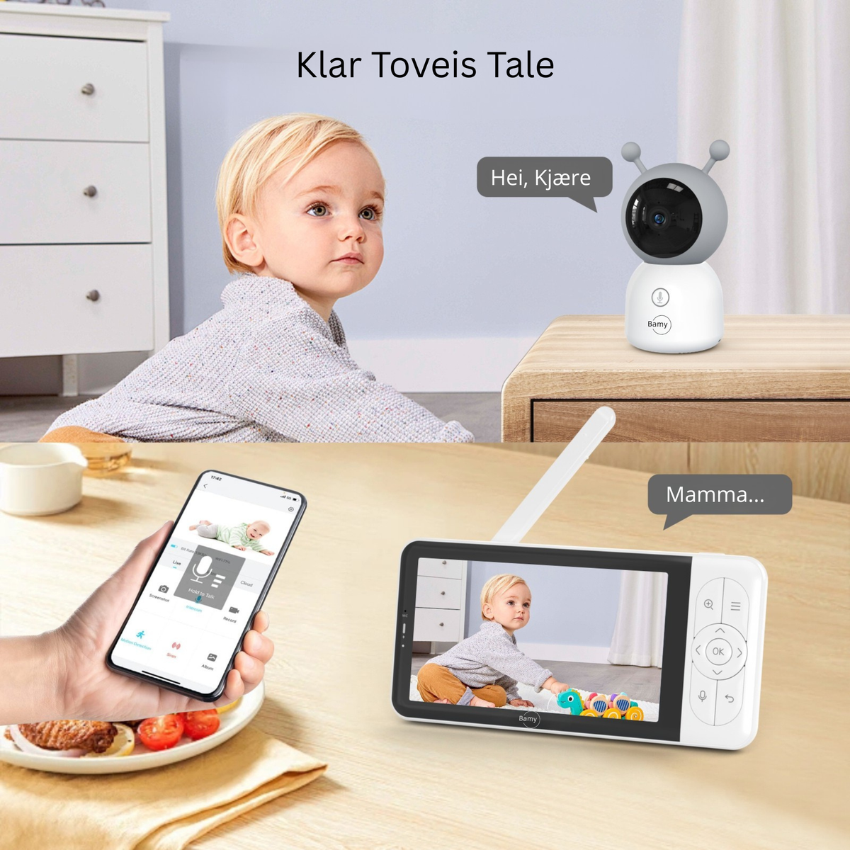 Infografikk: klar toveis tale mellom Bamy-kameraet og monitoren eller mobilen
